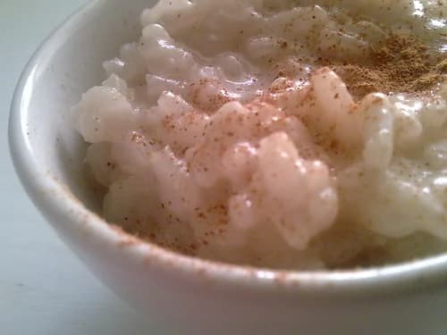 Coconut rice pudding topped with cinnamon in a white bowl
